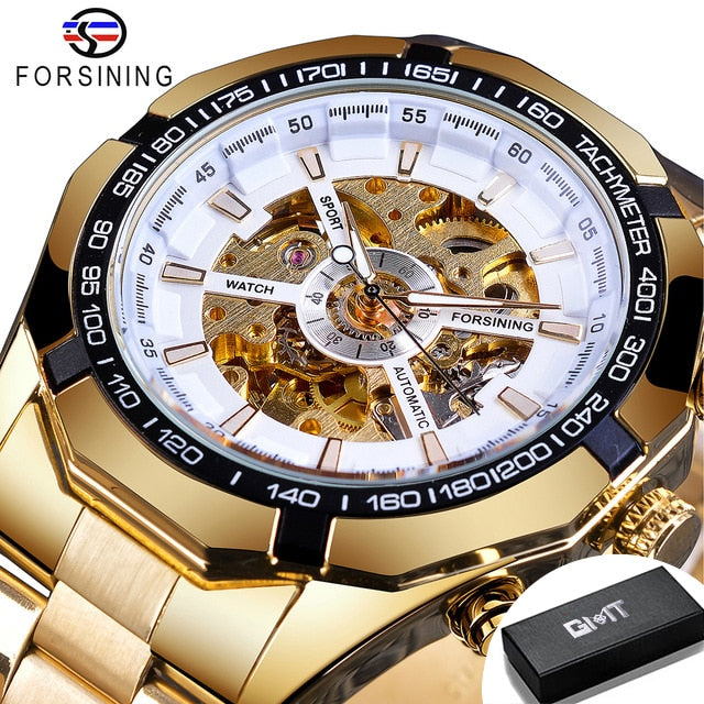 Forsining 2021 Stainless Steel Waterproof Mens Skeleton Watches Top Brand Luxury Transparent Mechanical Sport Male Wrist Watches Enfom Clothing