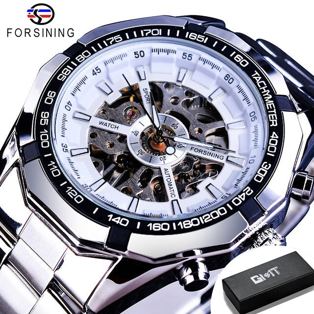 Forsining 2021 Stainless Steel Waterproof Mens Skeleton Watches Top Brand Luxury Transparent Mechanical Sport Male Wrist Watches Enfom Clothing