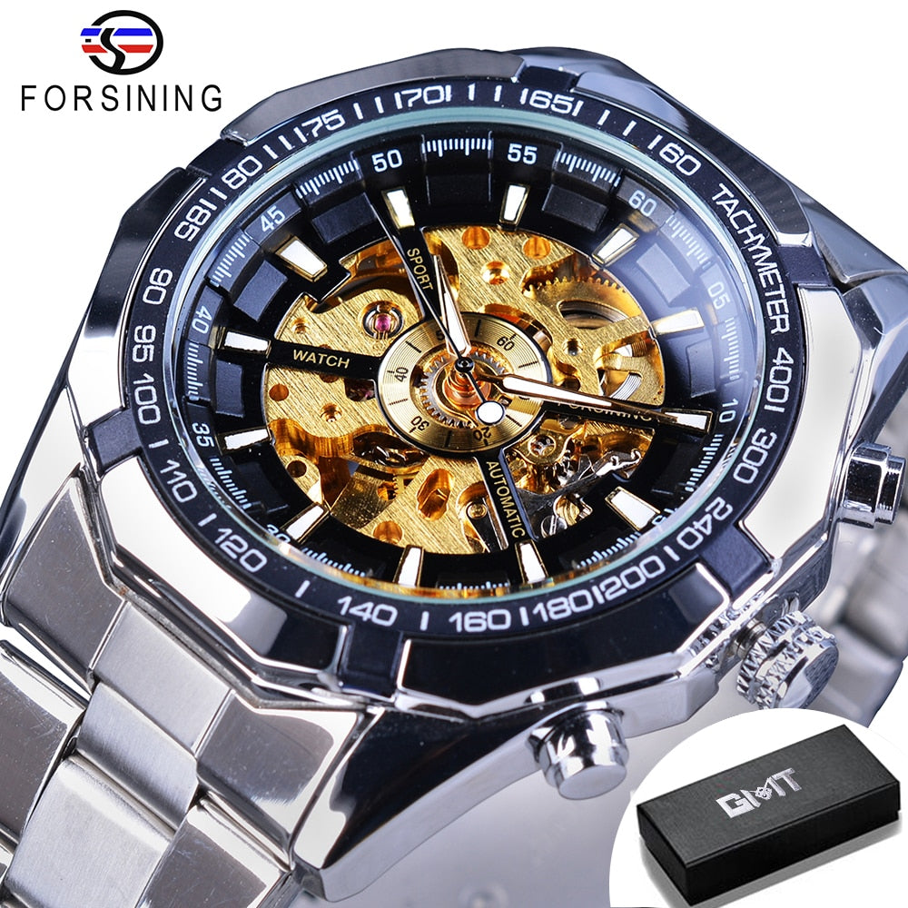 Forsining 2021 Stainless Steel Waterproof Mens Skeleton Watches Top Brand Luxury Transparent Mechanical Sport Male Wrist Watches Enfom Clothing