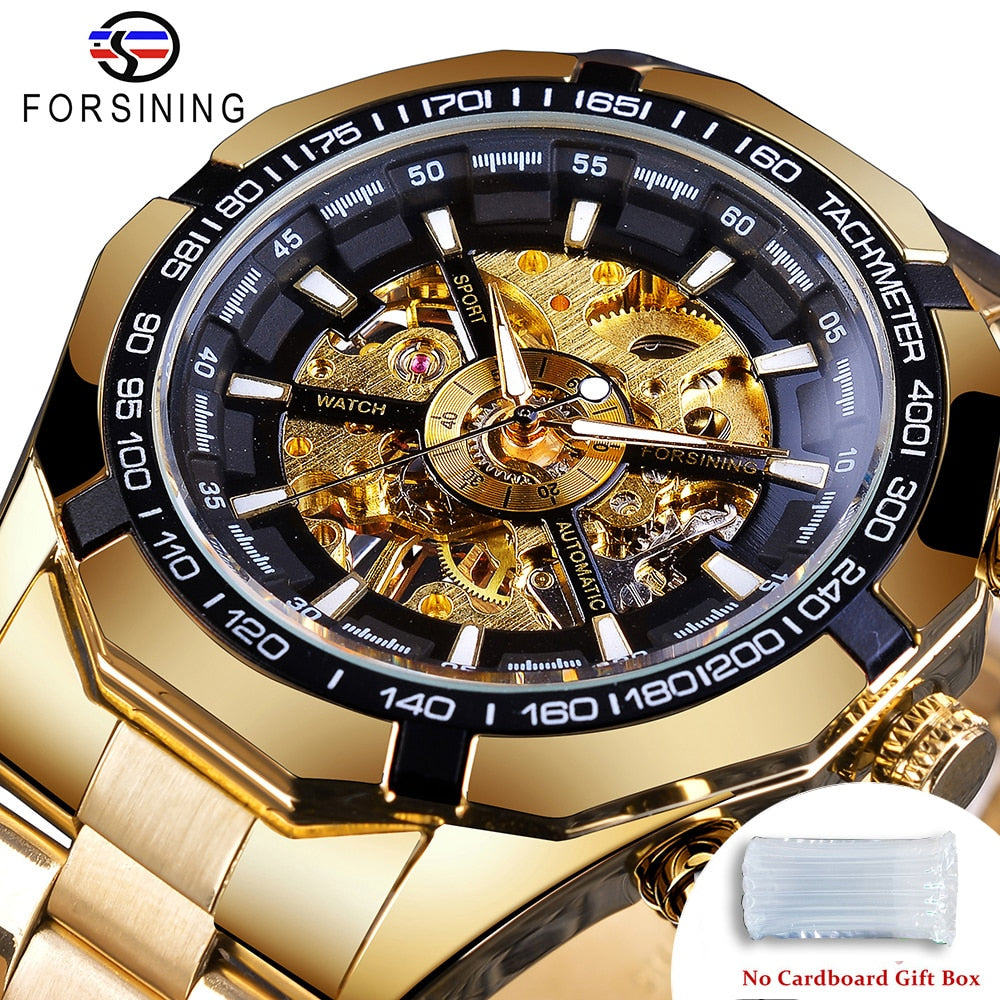 Forsining 2021 Stainless Steel Waterproof Mens Skeleton Watches Top Brand Luxury Transparent Mechanical Sport Male Wrist Watches Enfom Clothing