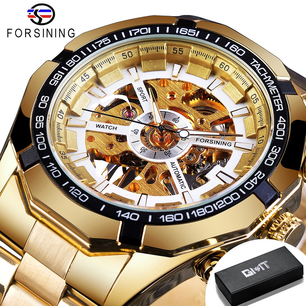 Forsining 2021 Stainless Steel Waterproof Mens Skeleton Watches Top Brand Luxury Transparent Mechanical Sport Male Wrist Watches Enfom Clothing