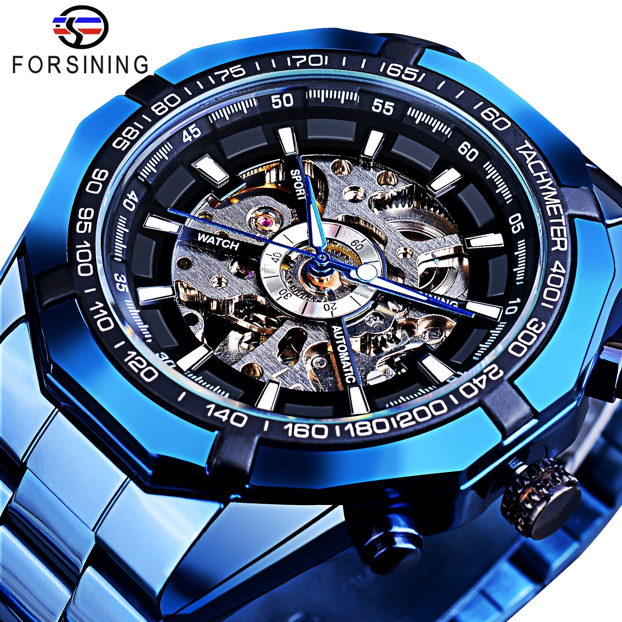 Forsining 2021 Stainless Steel Waterproof Mens Skeleton Watches Top Brand Luxury Transparent Mechanical Sport Male Wrist Watches Enfom Clothing