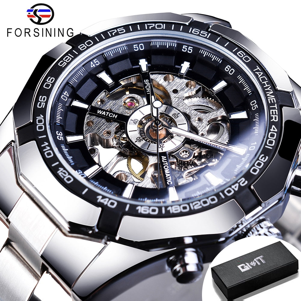 Forsining 2021 Stainless Steel Waterproof Mens Skeleton Watches Top Brand Luxury Transparent Mechanical Sport Male Wrist Watches Enfom Clothing