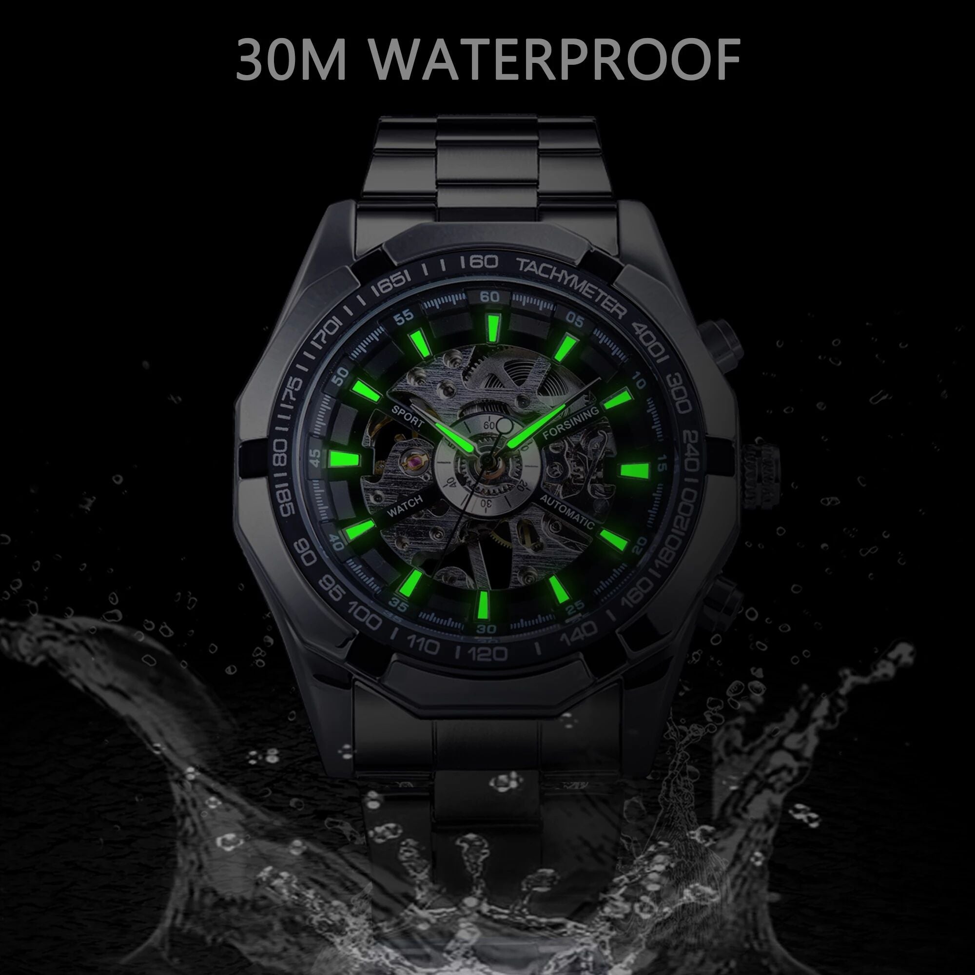 Forsining 2021 Stainless Steel Waterproof Mens Skeleton Watches Top Brand Luxury Transparent Mechanical Sport Male Wrist Watches Enfom Clothing