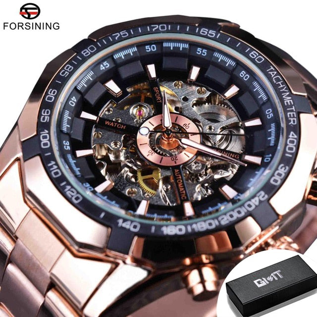 Forsining 2021 Stainless Steel Waterproof Mens Skeleton Watches Top Brand Luxury Transparent Mechanical Sport Male Wrist Watches Enfom Clothing