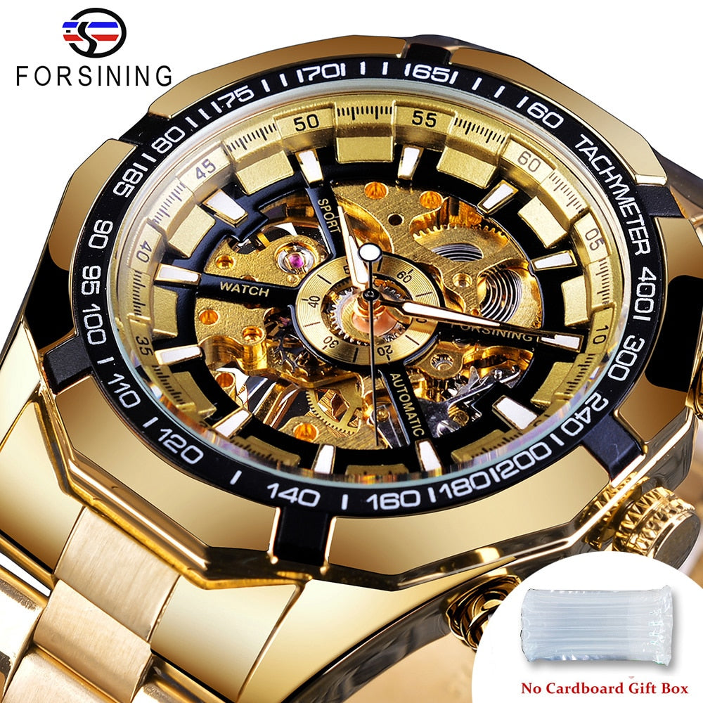 Forsining 2021 Stainless Steel Waterproof Mens Skeleton Watches Top Brand Luxury Transparent Mechanical Sport Male Wrist Watches Enfom Clothing