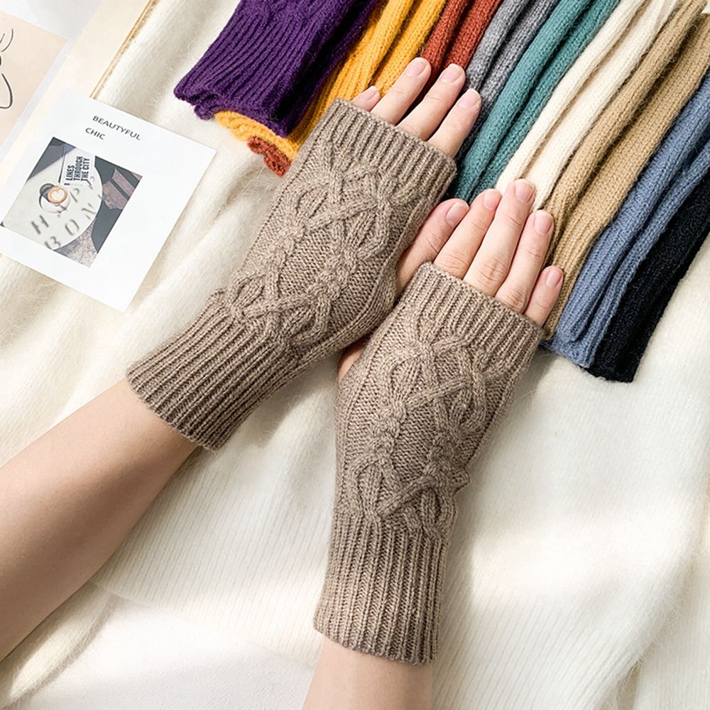 Korean New Half-finger Gloves Female Autumn and Winter Wool Warmth Fingerless Students Touch Screen Thick Knitted Wristband Enfom Clothing