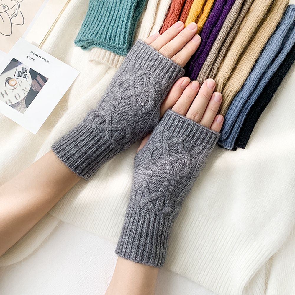 Korean New Half-finger Gloves Female Autumn and Winter Wool Warmth Fingerless Students Touch Screen Thick Knitted Wristband Enfom Clothing