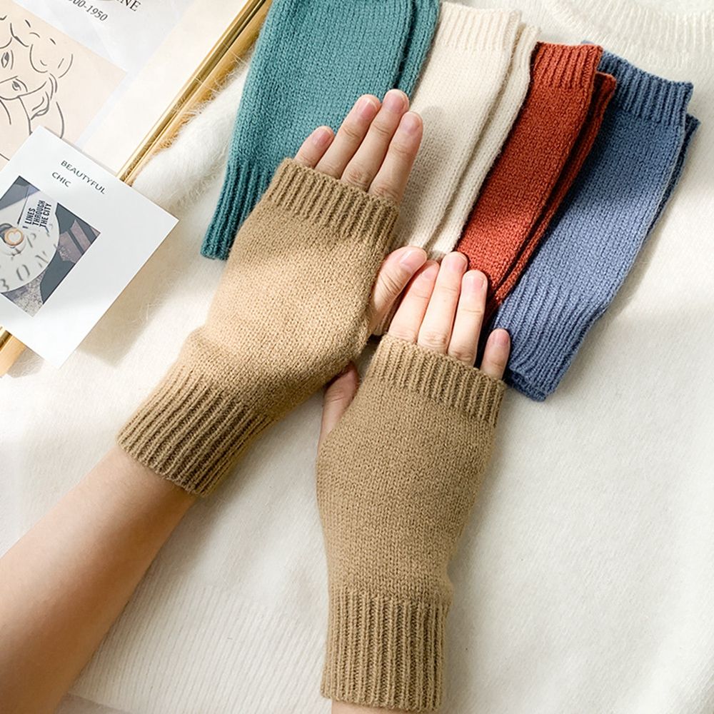 Korean New Half-finger Gloves Female Autumn and Winter Wool Warmth Fingerless Students Touch Screen Thick Knitted Wristband Enfom Clothing