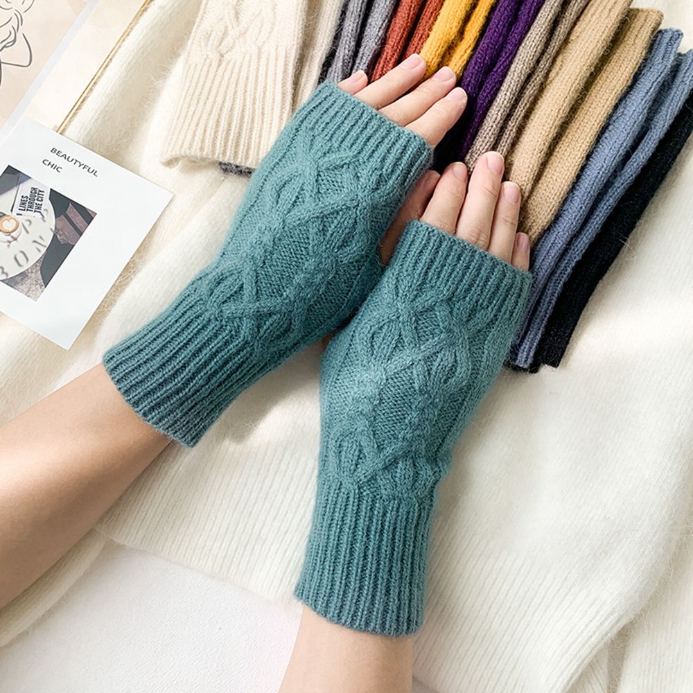 Korean New Half-finger Gloves Female Autumn and Winter Wool Warmth Fingerless Students Touch Screen Thick Knitted Wristband Enfom Clothing