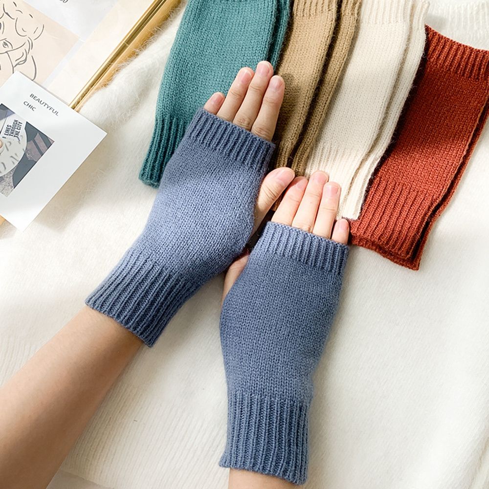 Korean New Half-finger Gloves Female Autumn and Winter Wool Warmth Fingerless Students Touch Screen Thick Knitted Wristband Enfom Clothing