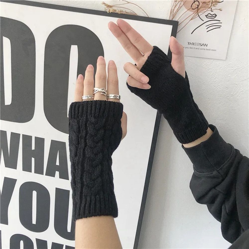 Korean New Half-finger Gloves Female Autumn and Winter Wool Warmth Fingerless Students Touch Screen Thick Knitted Wristband Enfom Clothing