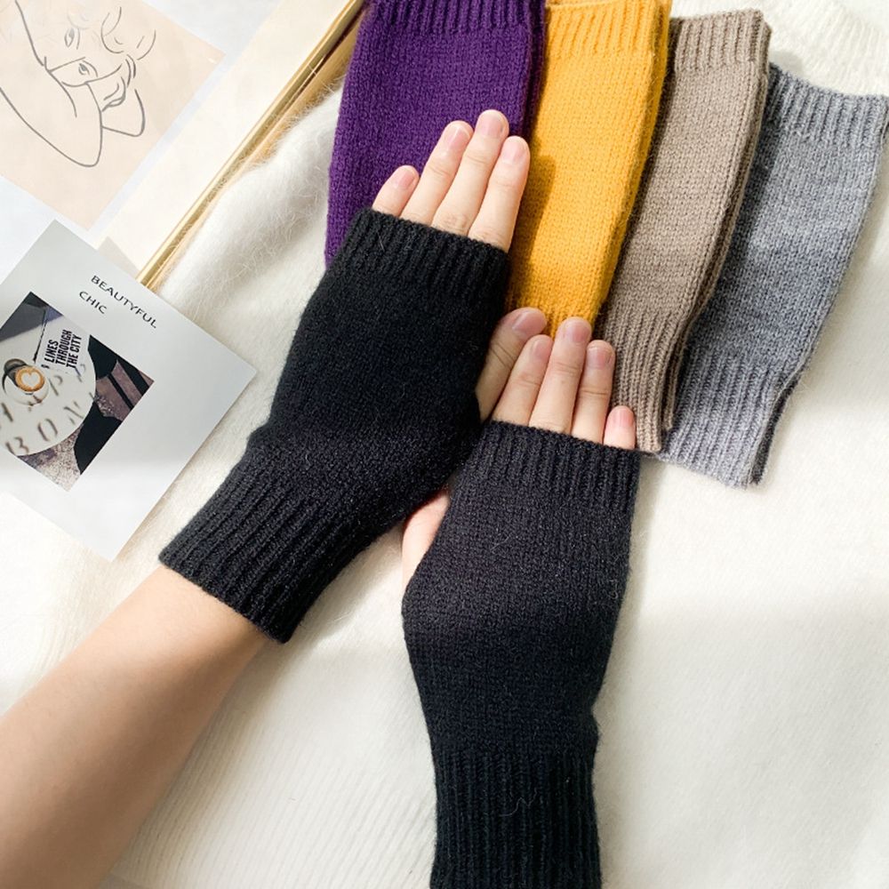 Korean New Half-finger Gloves Female Autumn and Winter Wool Warmth Fingerless Students Touch Screen Thick Knitted Wristband Enfom Clothing