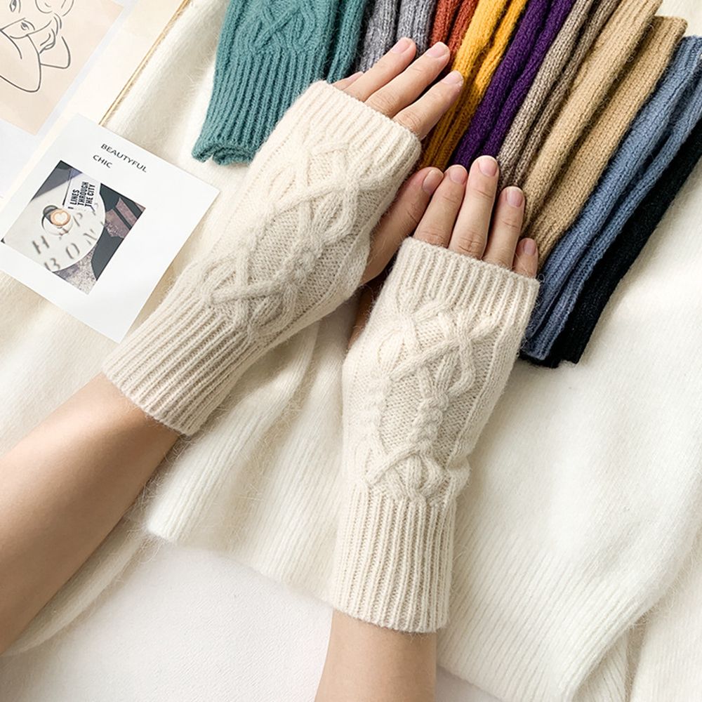 Korean New Half-finger Gloves Female Autumn and Winter Wool Warmth Fingerless Students Touch Screen Thick Knitted Wristband Enfom Clothing