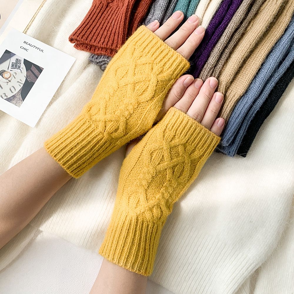 Korean New Half-finger Gloves Female Autumn and Winter Wool Warmth Fingerless Students Touch Screen Thick Knitted Wristband Enfom Clothing