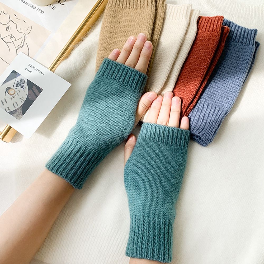 Korean New Half-finger Gloves Female Autumn and Winter Wool Warmth Fingerless Students Touch Screen Thick Knitted Wristband Enfom Clothing