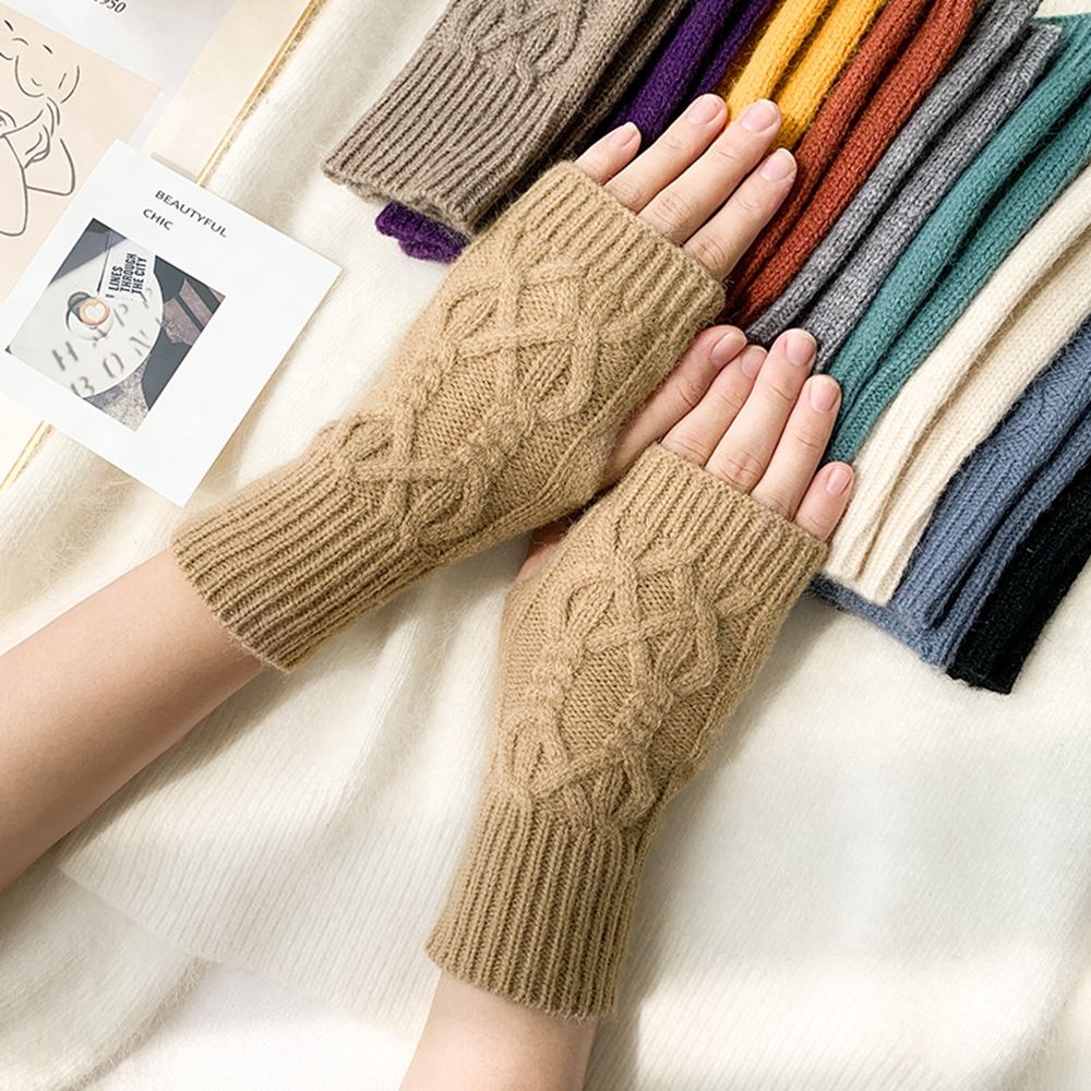 Korean New Half-finger Gloves Female Autumn and Winter Wool Warmth Fingerless Students Touch Screen Thick Knitted Wristband Enfom Clothing