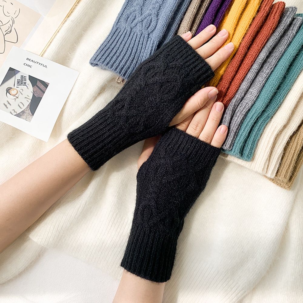 Korean New Half-finger Gloves Female Autumn and Winter Wool Warmth Fingerless Students Touch Screen Thick Knitted Wristband Enfom Clothing