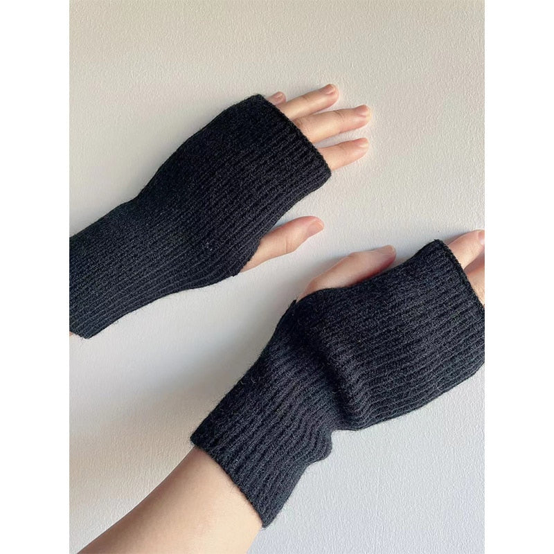 Korean New Half-finger Gloves Female Autumn and Winter Wool Warmth Fingerless Students Touch Screen Thick Knitted Wristband Enfom Clothing