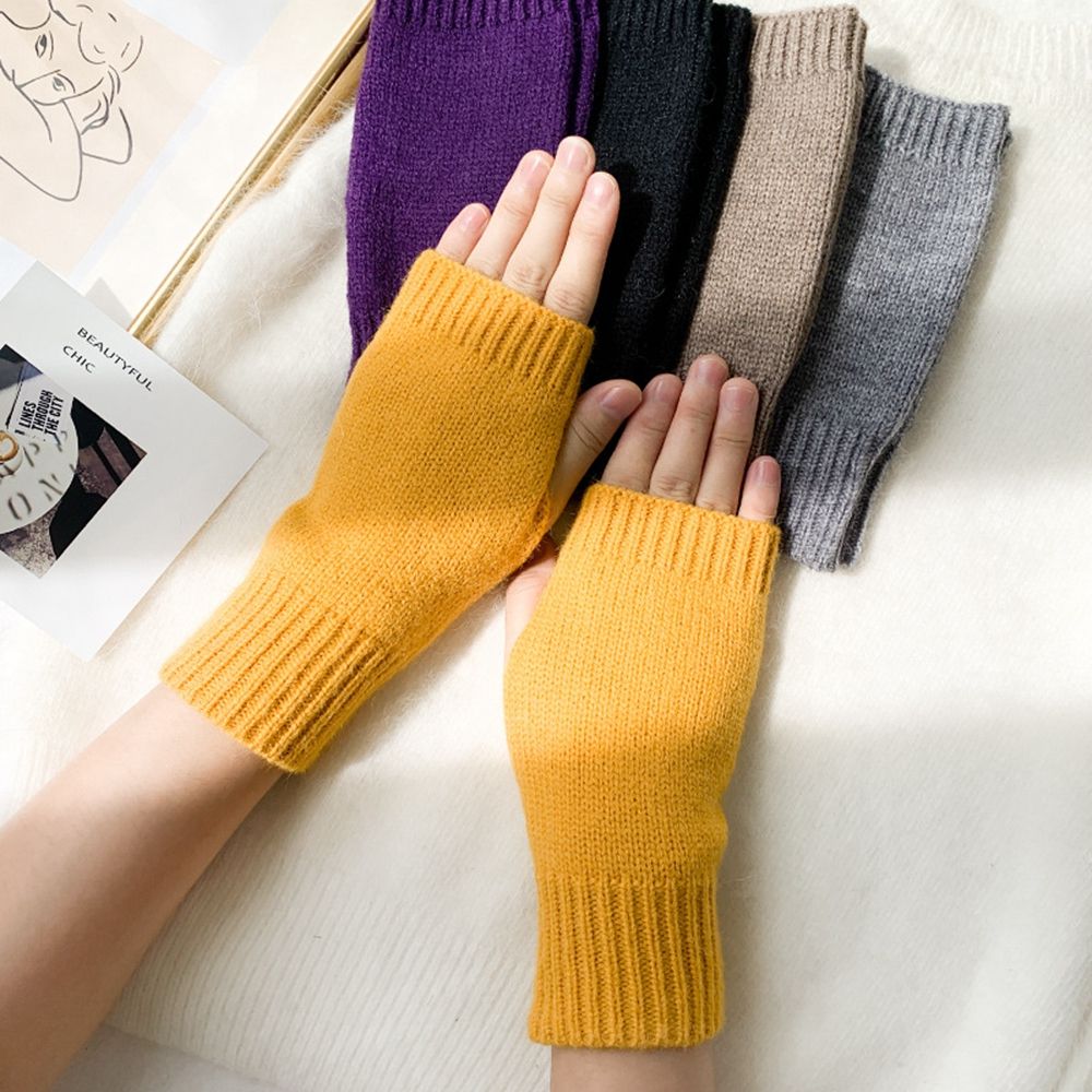 Korean New Half-finger Gloves Female Autumn and Winter Wool Warmth Fingerless Students Touch Screen Thick Knitted Wristband Enfom Clothing