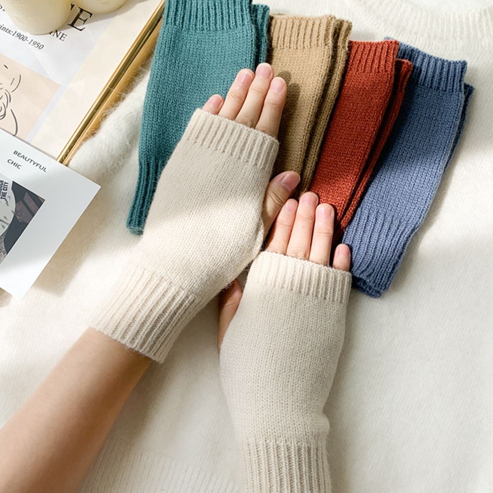 Korean New Half-finger Gloves Female Autumn and Winter Wool Warmth Fingerless Students Touch Screen Thick Knitted Wristband Enfom Clothing