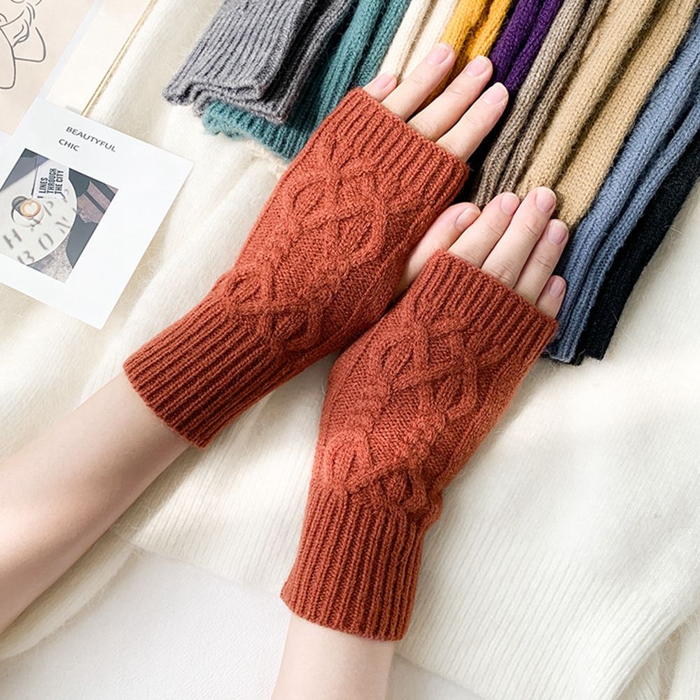 Korean New Half-finger Gloves Female Autumn and Winter Wool Warmth Fingerless Students Touch Screen Thick Knitted Wristband Enfom Clothing