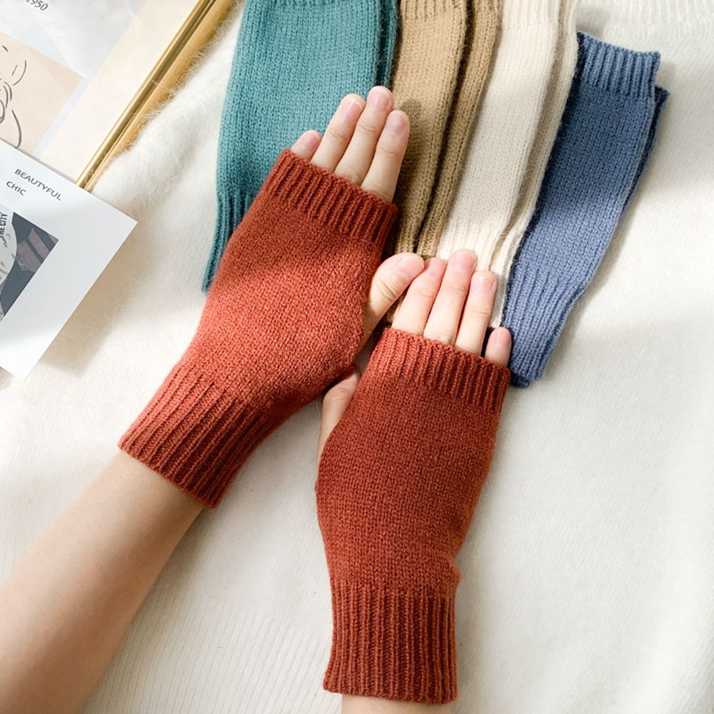 Korean New Half-finger Gloves Female Autumn and Winter Wool Warmth Fingerless Students Touch Screen Thick Knitted Wristband Enfom Clothing