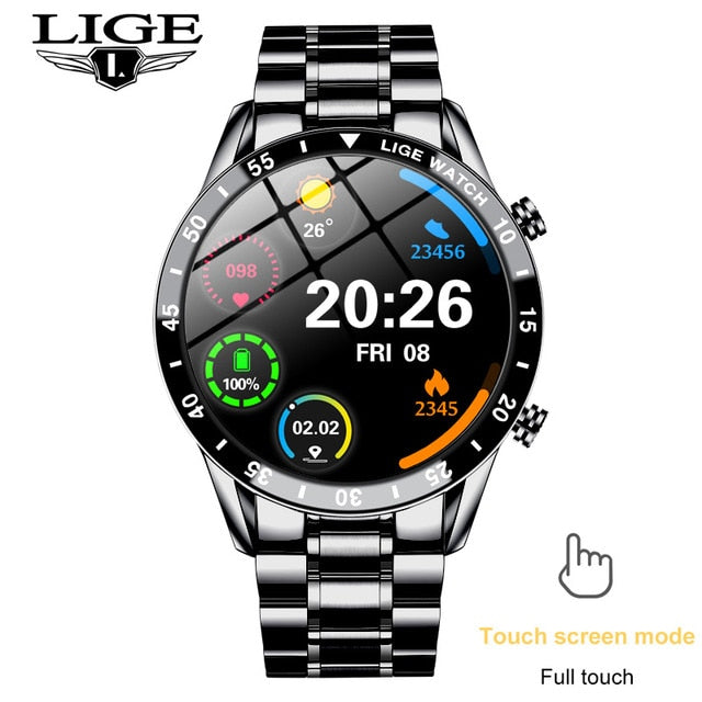 LIGE Fashion Full Circle Touch Screen Mens Smart Watch Waterproof Sport Fitness Watch Luxury Bluetooth Phone Smart Watch For Men Enfom Clothing