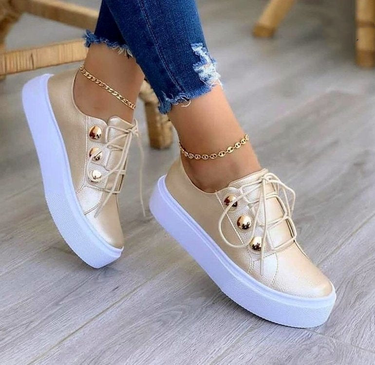 Lace-up Flats Sneakers Women Rivet Casual Shoes Enfom Clothing