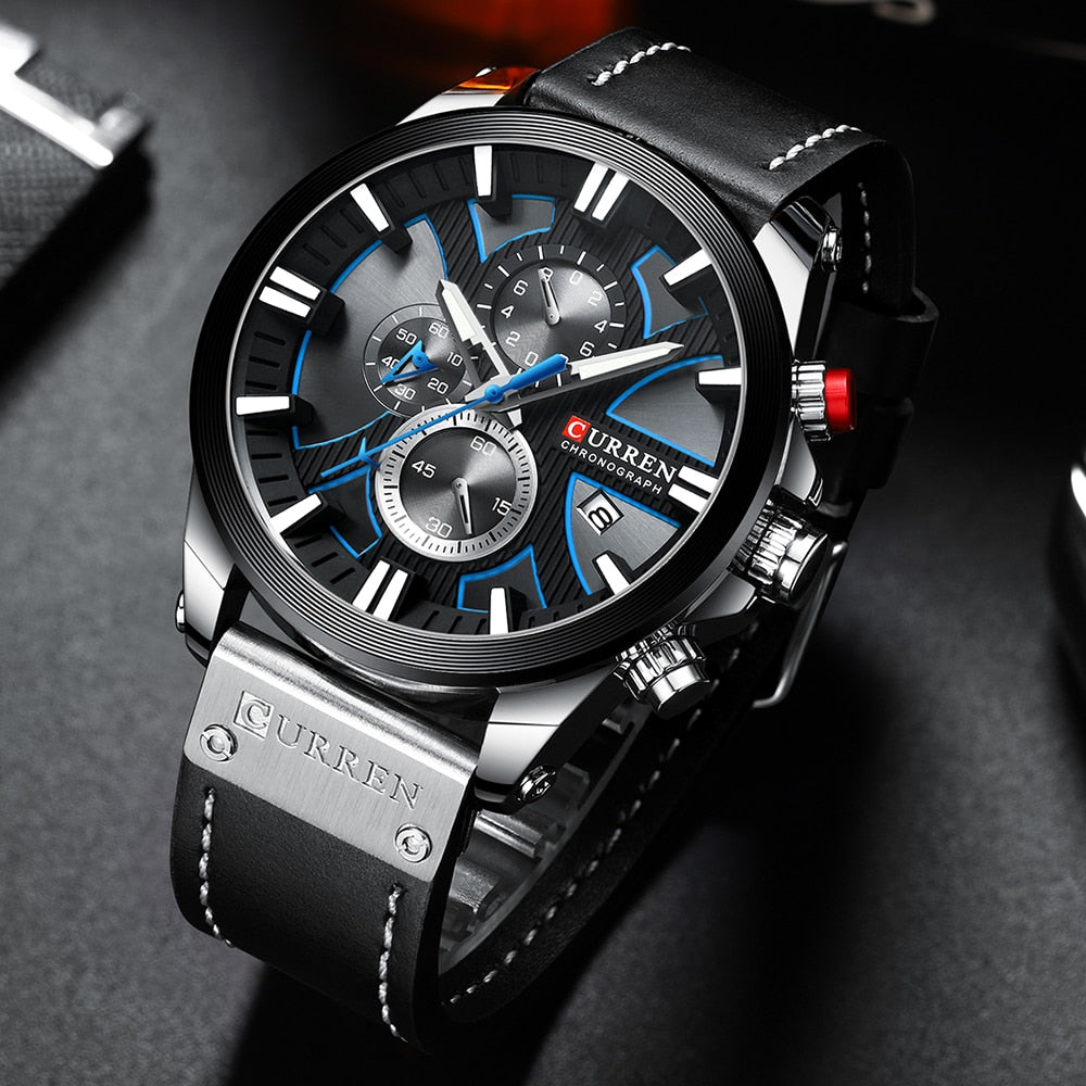 Luxury Mens Watches Fashion Chronograph Sport Quartz Wristwatch CURREN Leather Strap Watch With Date Reloj Hombre Luminous Hands Enfom Clothing