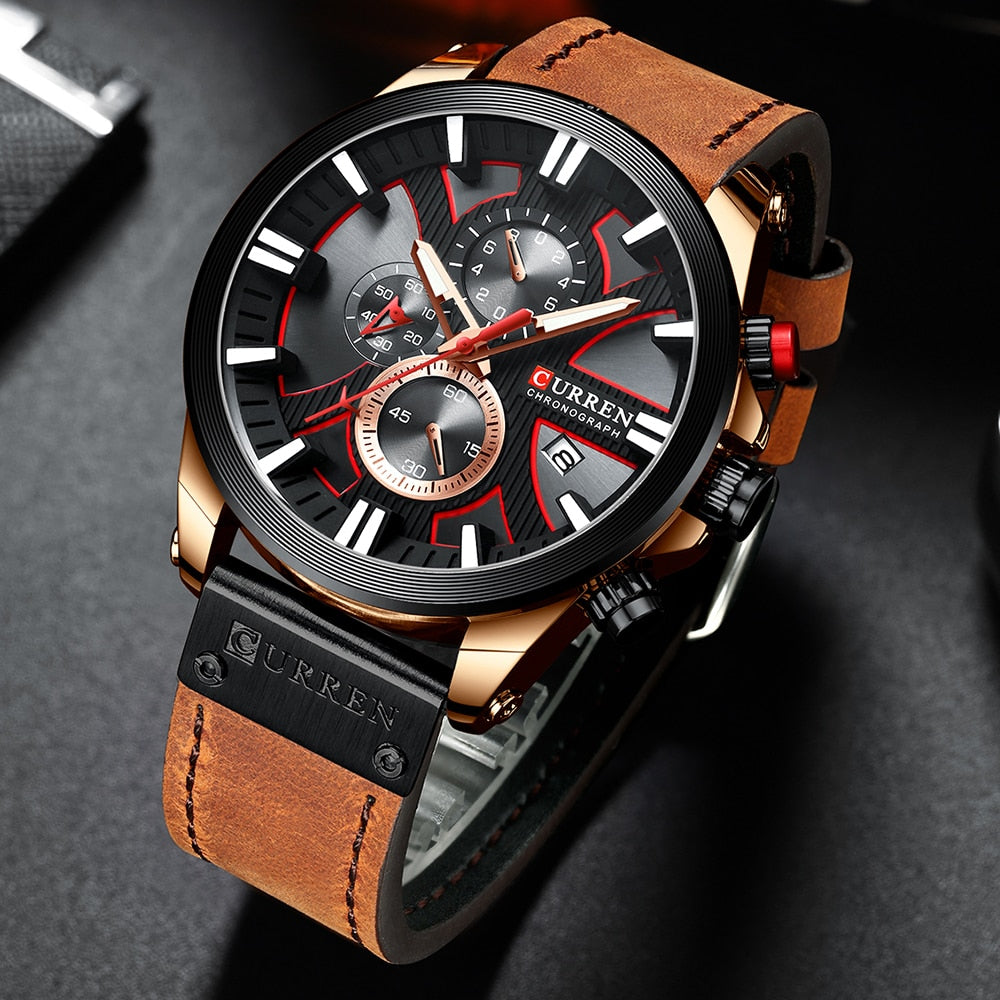 Luxury Mens Watches Fashion Chronograph Sport Quartz Wristwatch CURREN Leather Strap Watch With Date Reloj Hombre Luminous Hands Enfom Clothing