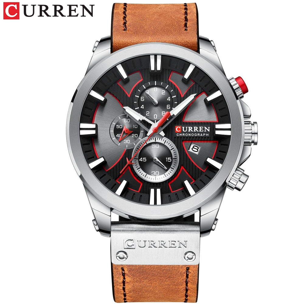 Luxury Mens Watches Fashion Chronograph Sport Quartz Wristwatch CURREN Leather Strap Watch With Date Reloj Hombre Luminous Hands Enfom Clothing