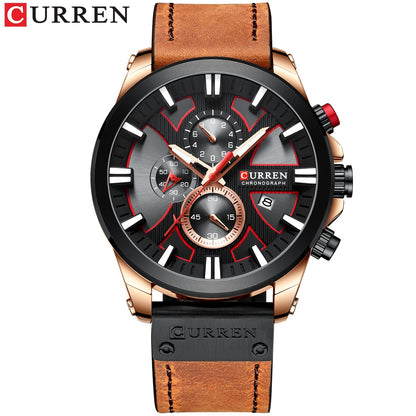 Luxury Mens Watches Fashion Chronograph Sport Quartz Wristwatch CURREN Leather Strap Watch With Date Reloj Hombre Luminous Hands Enfom Clothing