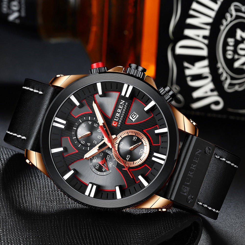 Luxury Mens Watches Fashion Chronograph Sport Quartz Wristwatch CURREN Leather Strap Watch With Date Reloj Hombre Luminous Hands Enfom Clothing