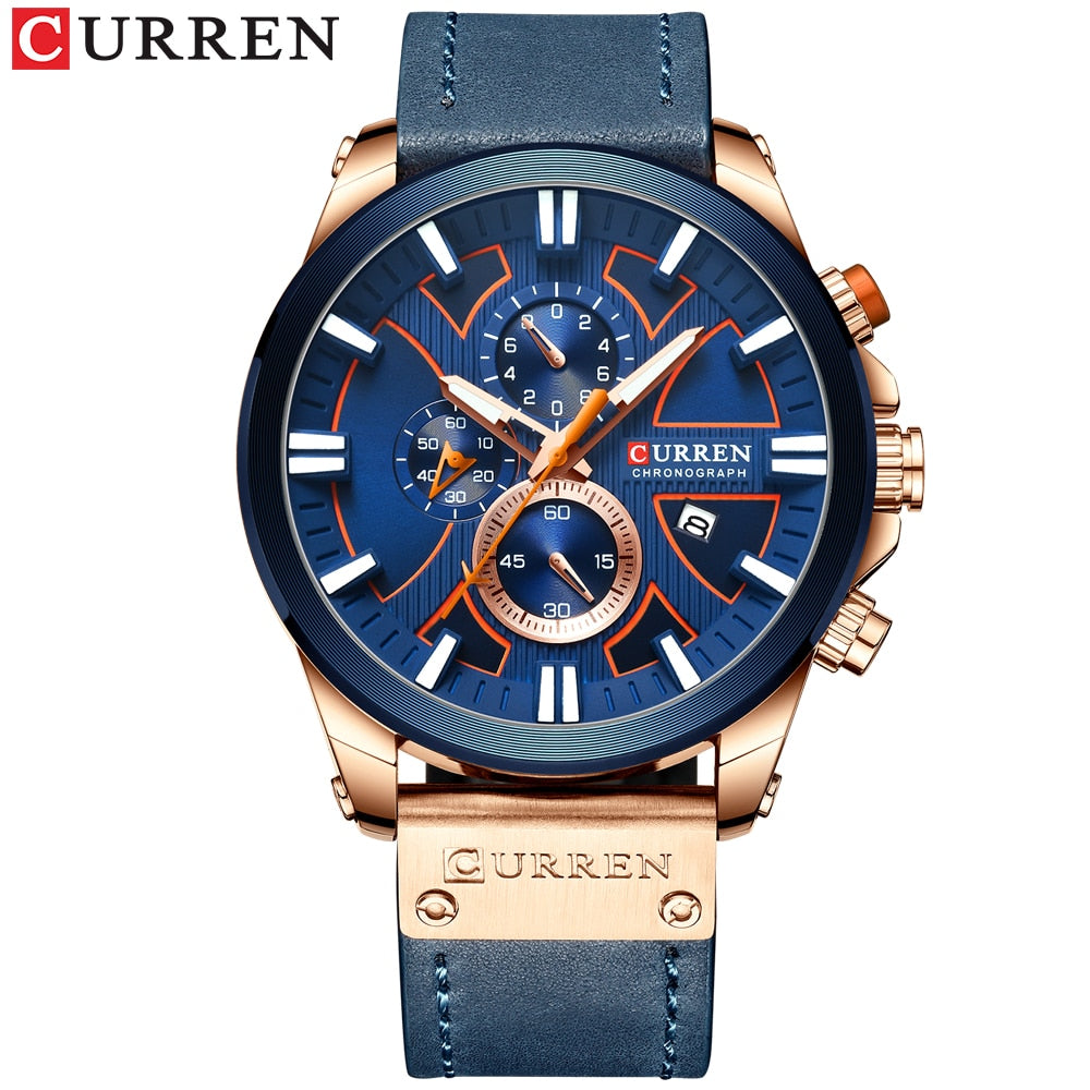 Luxury Mens Watches Fashion Chronograph Sport Quartz Wristwatch CURREN Leather Strap Watch With Date Reloj Hombre Luminous Hands Enfom Clothing