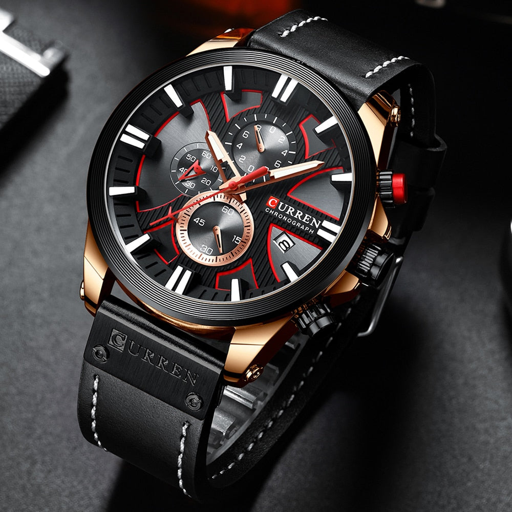 Luxury Mens Watches Fashion Chronograph Sport Quartz Wristwatch CURREN Leather Strap Watch With Date Reloj Hombre Luminous Hands Enfom Clothing