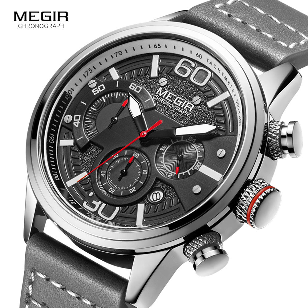 MEGIR Men Chronograph Watches Luxury Leather Strap Quartz Watch Man Waterproof Military Sport Wristwatch Relogio Masculino 2110 Enfom Clothing