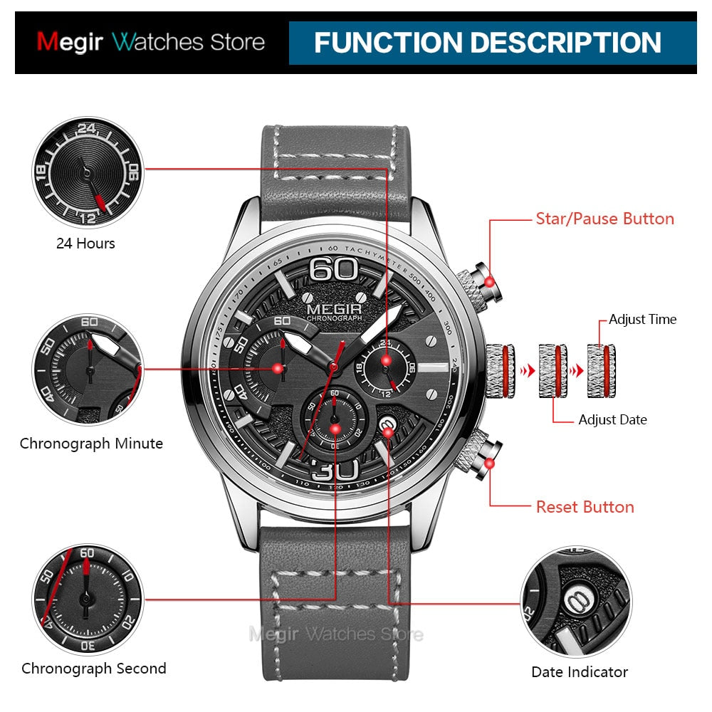 MEGIR Men Chronograph Watches Luxury Leather Strap Quartz Watch Man Waterproof Military Sport Wristwatch Relogio Masculino 2110 Enfom Clothing