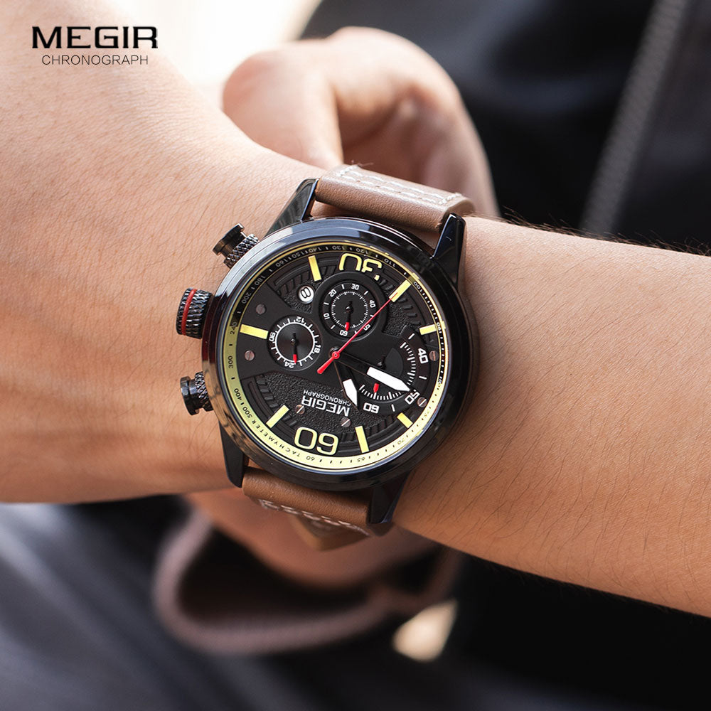 MEGIR Men Chronograph Watches Luxury Leather Strap Quartz Watch Man Waterproof Military Sport Wristwatch Relogio Masculino 2110 Enfom Clothing