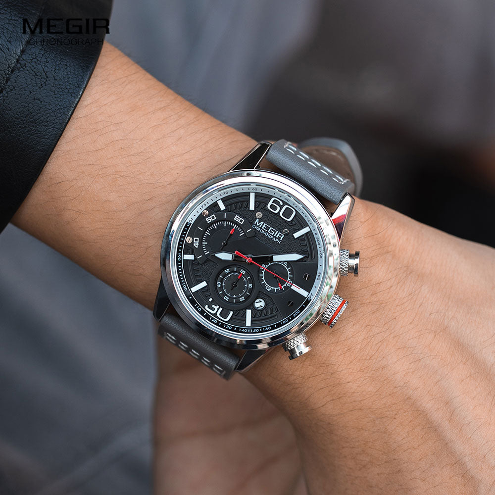 MEGIR Men Chronograph Watches Luxury Leather Strap Quartz Watch Man Waterproof Military Sport Wristwatch Relogio Masculino 2110 Enfom Clothing