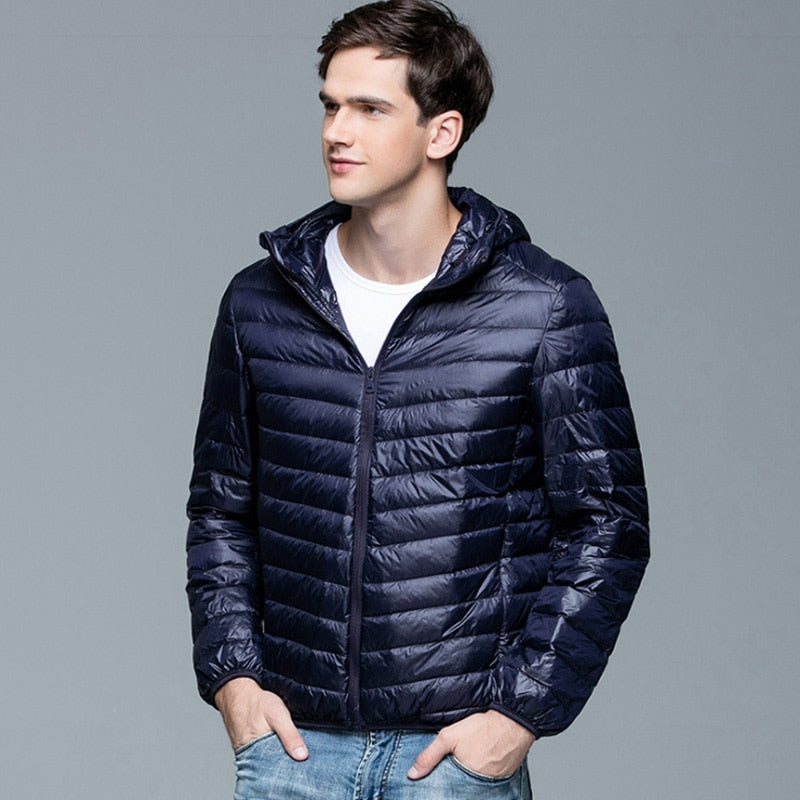 Men Fluffy Winter Coat Fashion Hooded 90% White Duck Down Jackets Ultralight Puffer Down Coat Portable Slim Down Parkas 5XL 6XL Enfom Clothing