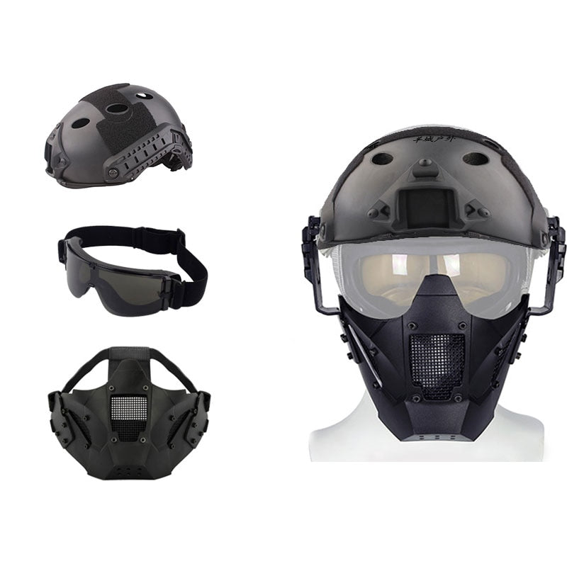 Multi Function Iron Mesh Tactical Mask with Fast Helmet and Tactical Goggles Airsoft Hunting Motorcycle Sport Play Enfom Clothing