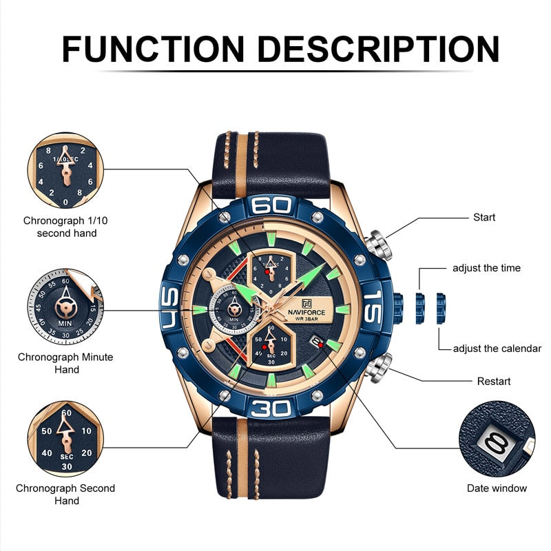 NAVIFORCE Sports Watches for Men Luxury Brand Military Waterproof Genuine Leather Wrist Watch Man Clock Chronograph Wrist watch Enfom Clothing