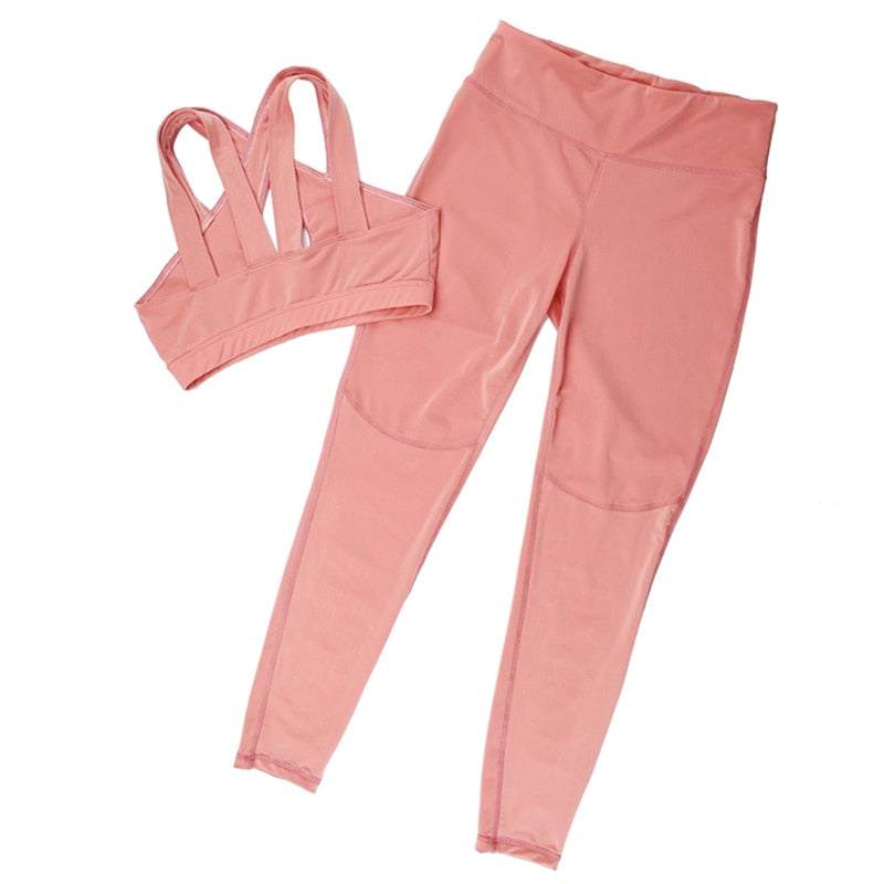 Newest Pink Hollow Women Sets Elastic Running Sport Suit Fitness Clothing Workout Sport Wear Sports Bra+Pant Enfom Clothing