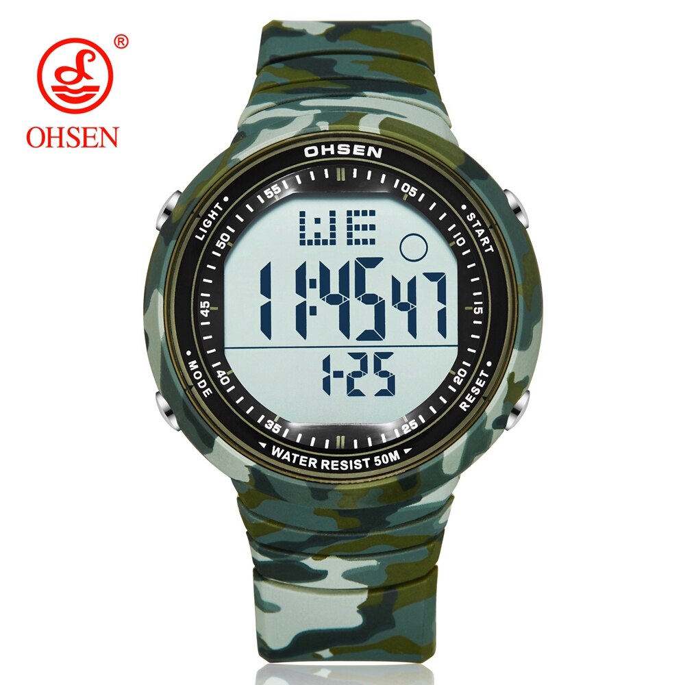 OHSEN Digital LCD Sport Men Wristwatch Relogio Masculino 50M Waterproof Alarm Date Rubber Fashion White Outdoor Sport Watch Gift Enfom Clothing