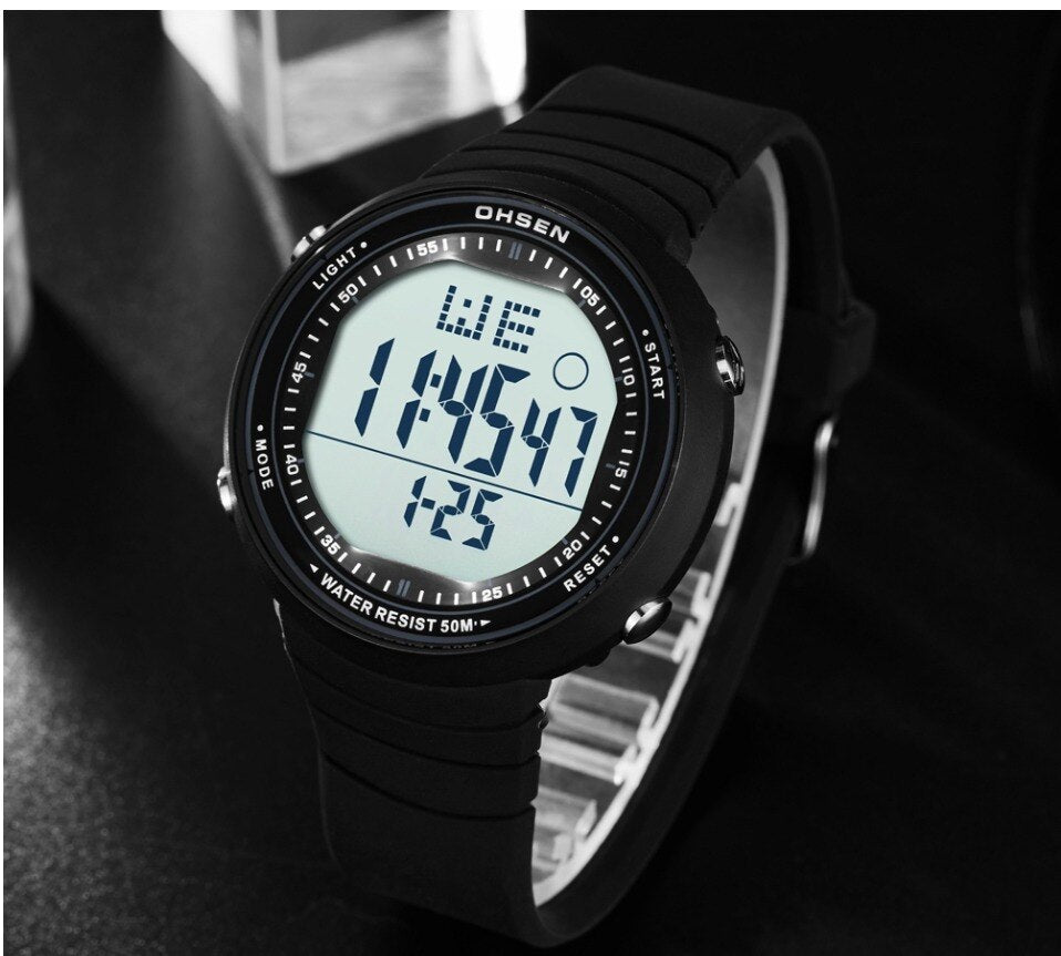 OHSEN Digital LCD Sport Men Wristwatch Relogio Masculino 50M Waterproof Alarm Date Rubber Fashion White Outdoor Sport Watch Gift Enfom Clothing