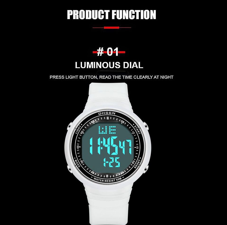 OHSEN Digital LCD Sport Men Wristwatch Relogio Masculino 50M Waterproof Alarm Date Rubber Fashion White Outdoor Sport Watch Gift Enfom Clothing