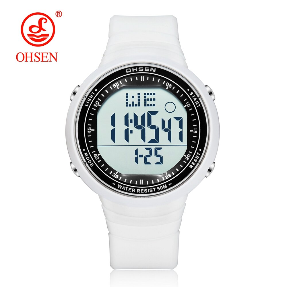 OHSEN Digital LCD Sport Men Wristwatch Relogio Masculino 50M Waterproof Alarm Date Rubber Fashion White Outdoor Sport Watch Gift Enfom Clothing