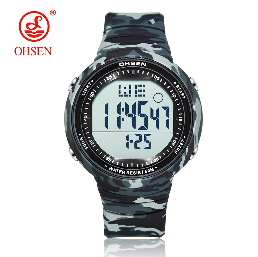 OHSEN Digital LCD Sport Men Wristwatch Relogio Masculino 50M Waterproof Alarm Date Rubber Fashion White Outdoor Sport Watch Gift Enfom Clothing