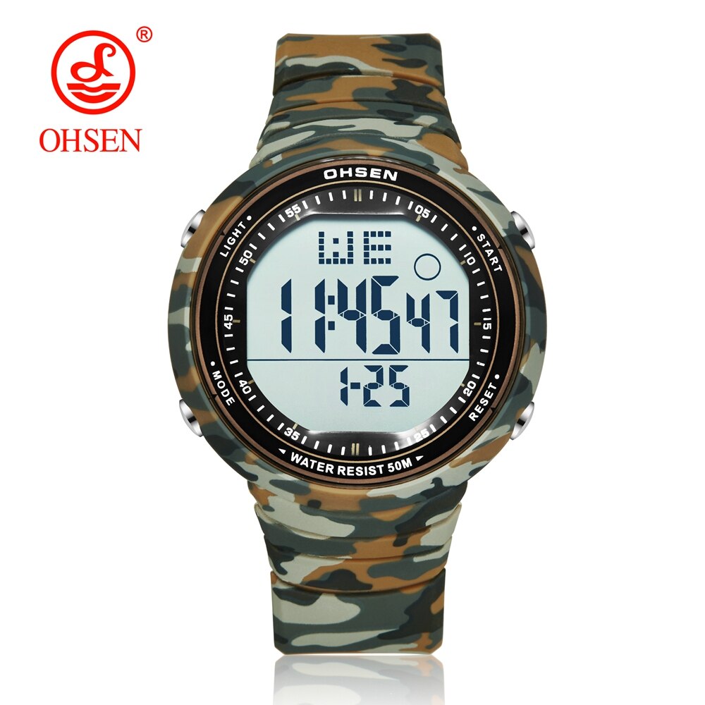 OHSEN Digital LCD Sport Men Wristwatch Relogio Masculino 50M Waterproof Alarm Date Rubber Fashion White Outdoor Sport Watch Gift Enfom Clothing